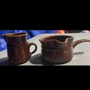 Vintage Brown Stoneware Creamer & Gravy/Sauce Bowl Set